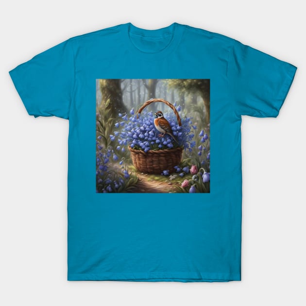 Quail Inspecting Basket of Bluebell Flowers T-Shirt by My Kickincreations